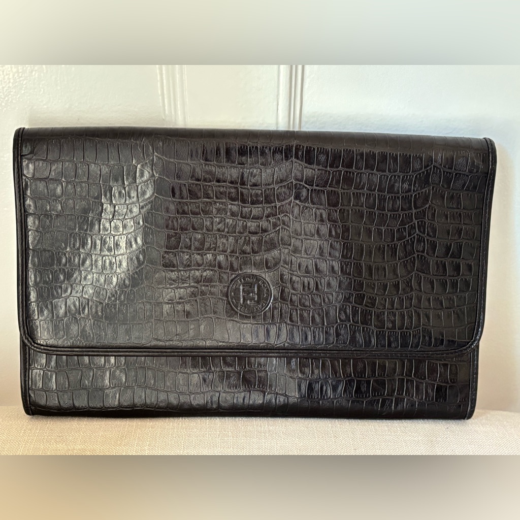 Vintage Fendi Dark Brown Crocodile Embossed Clutch